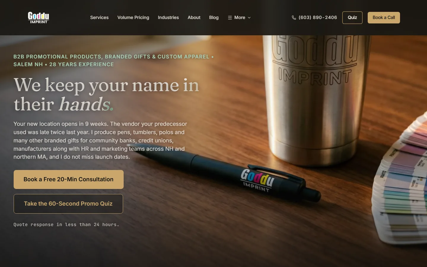 Website hero reading We keep your name in their hands beside a branded steel tumbler and a fan of color swatches