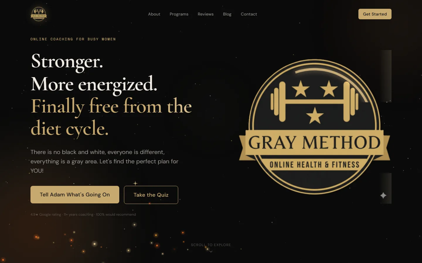 Website hero reading Stronger. More energized. Finally free from the diet cycle. beside a gold Gray Method badge on black