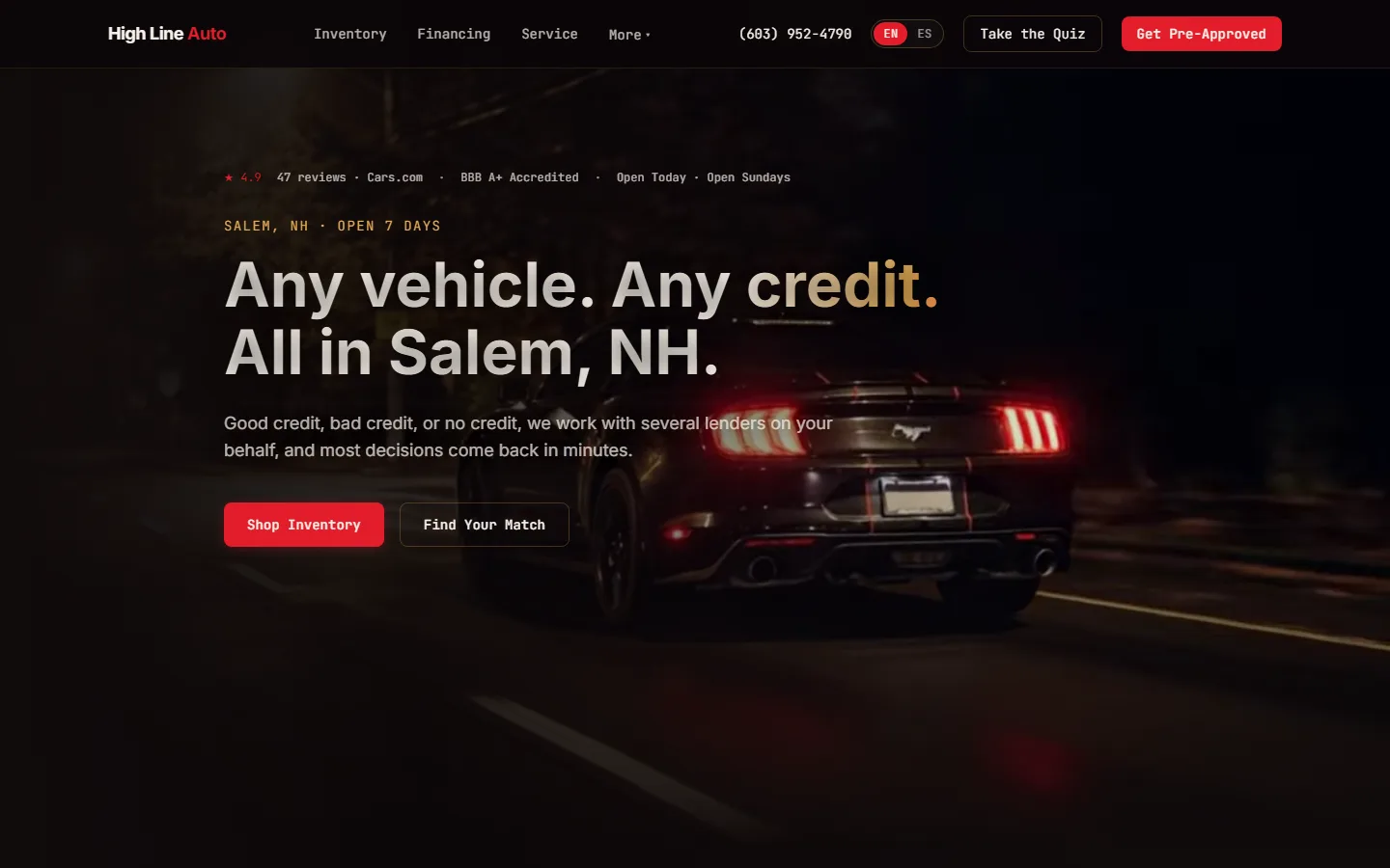 Website hero reading Any vehicle. Any credit. All in Salem, NH. beside a dark sports car in a night lot