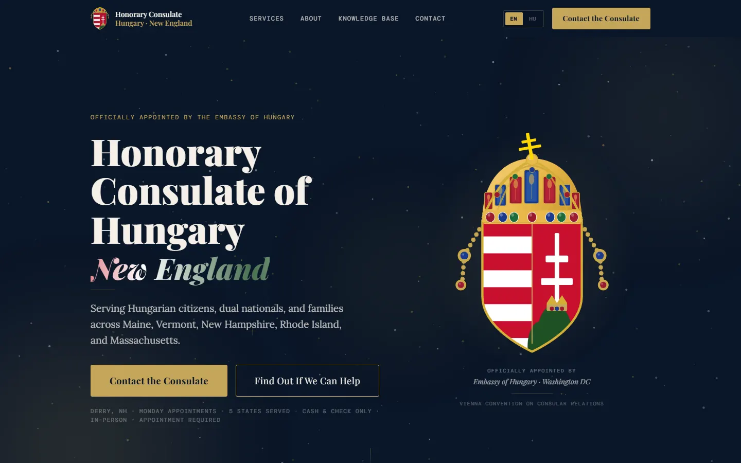 Website hero reading Honorary Consulate of Hungary New England beside the Hungarian coat of arms on navy