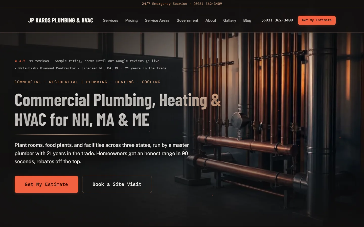 Website hero reading Commercial Plumbing, Heating and HVAC for NH, MA and ME over a photo of copper pipes in a boiler room