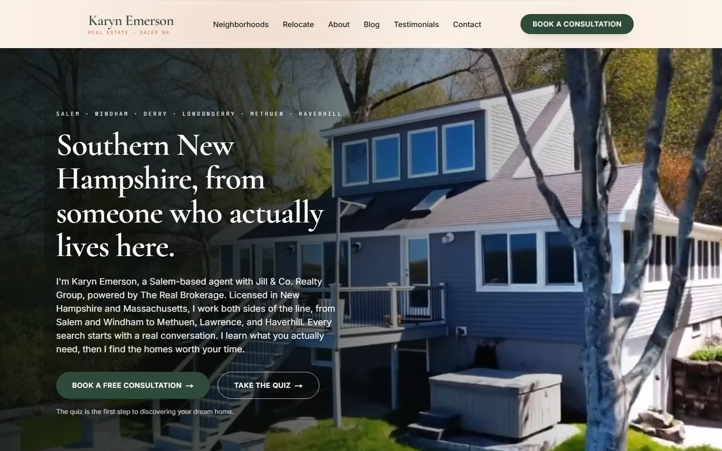 Website hero reading Southern New Hampshire, from someone who actually lives here. over a blue two-story house in winter light