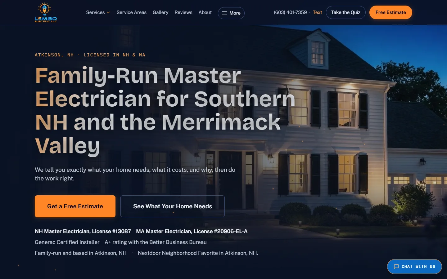 Website hero reading Family-Run Master Electrician for Southern NH and the Merrimack Valley over a white colonial house with lit windows at night