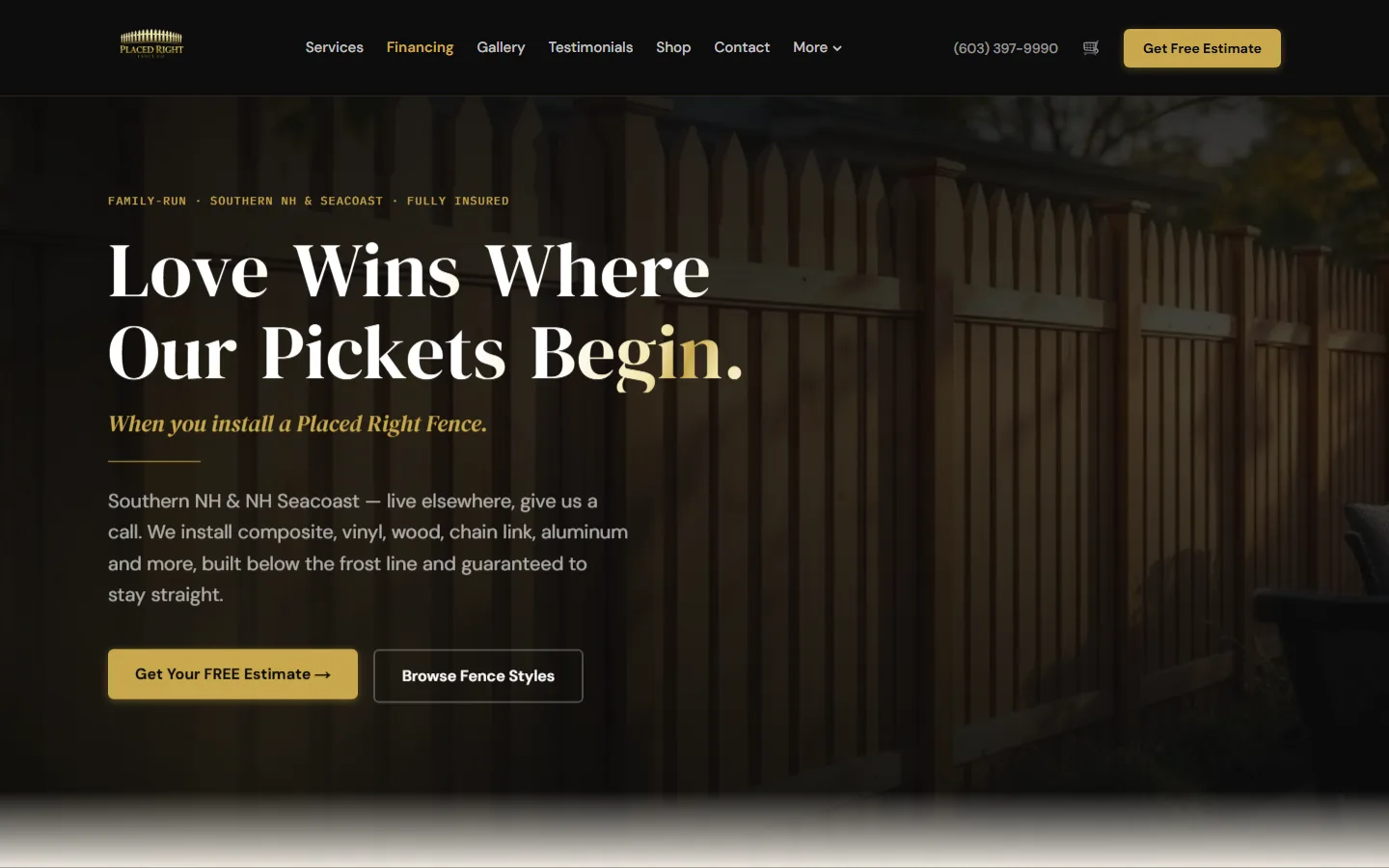 Website hero with the headline Love Wins Where Our Pickets Begin in white over a warm-lit wooden fence at dusk