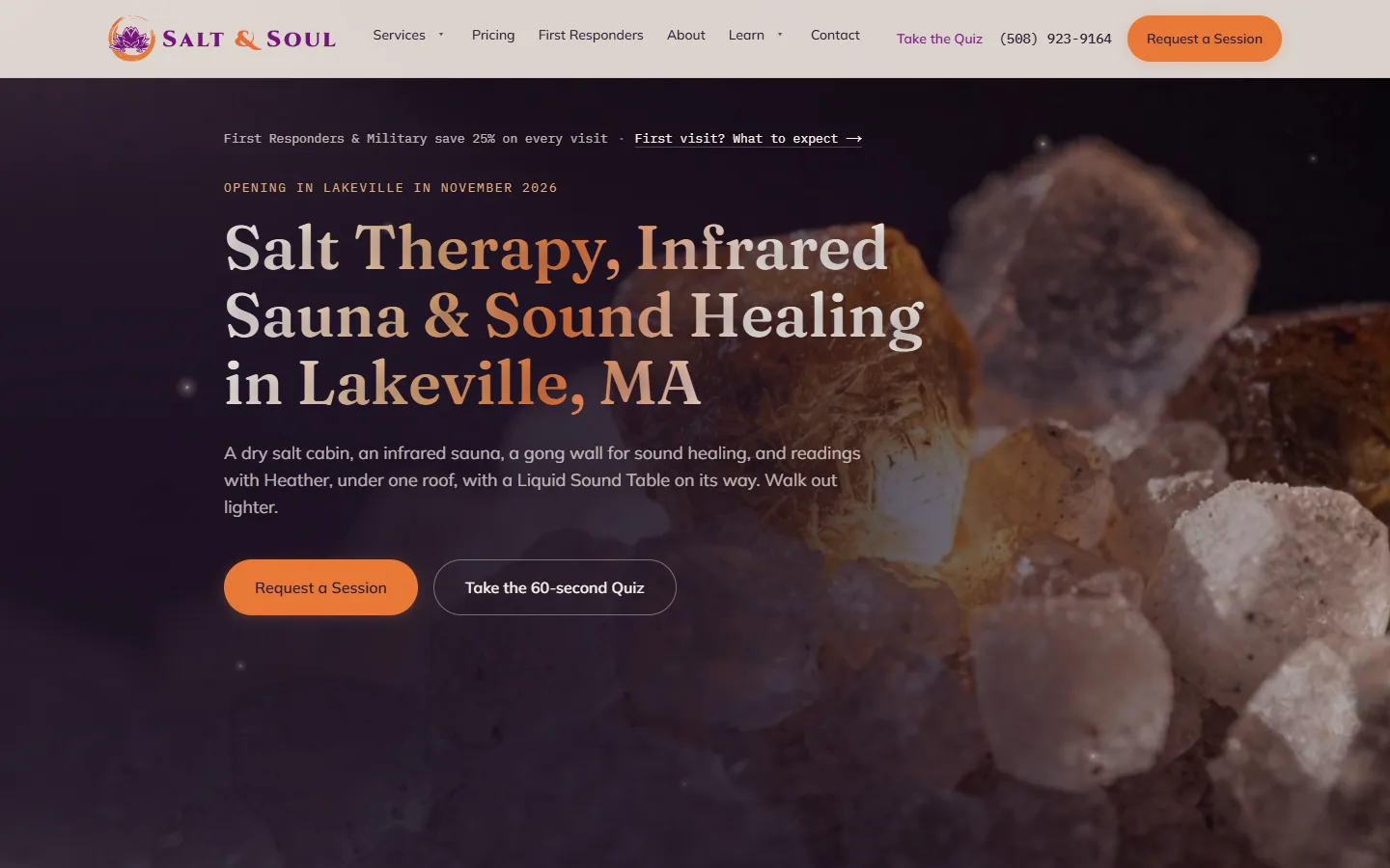 Website hero reading Salt Therapy, Infrared Sauna & Sound Healing in Lakeville, MA beside glowing pink and amber salt crystals on deep plum