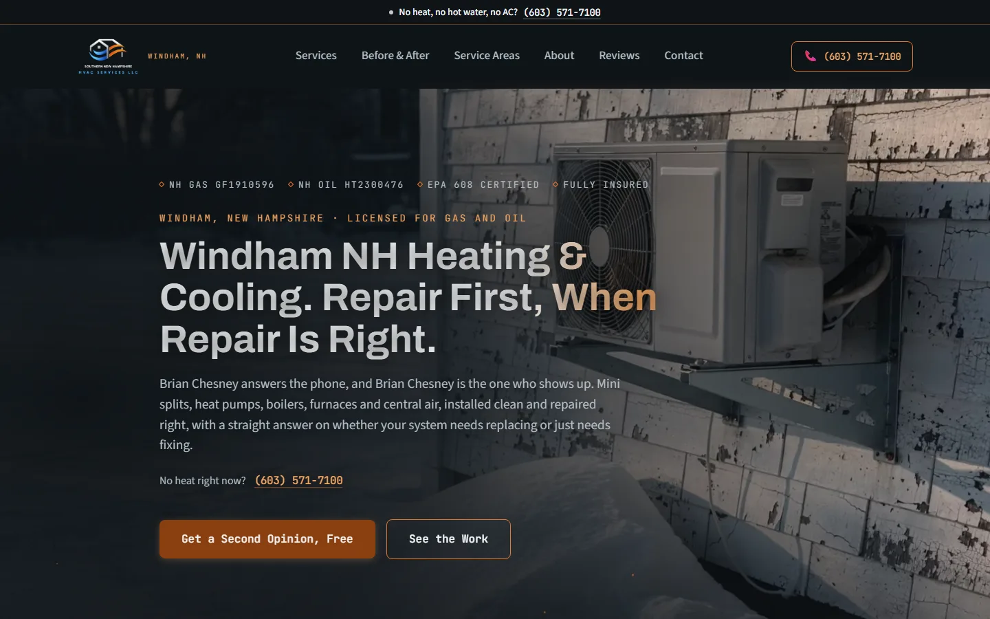 Website hero reading Windham NH Heating and Cooling. Repair First, When Repair Is Right. over an outdoor condenser unit