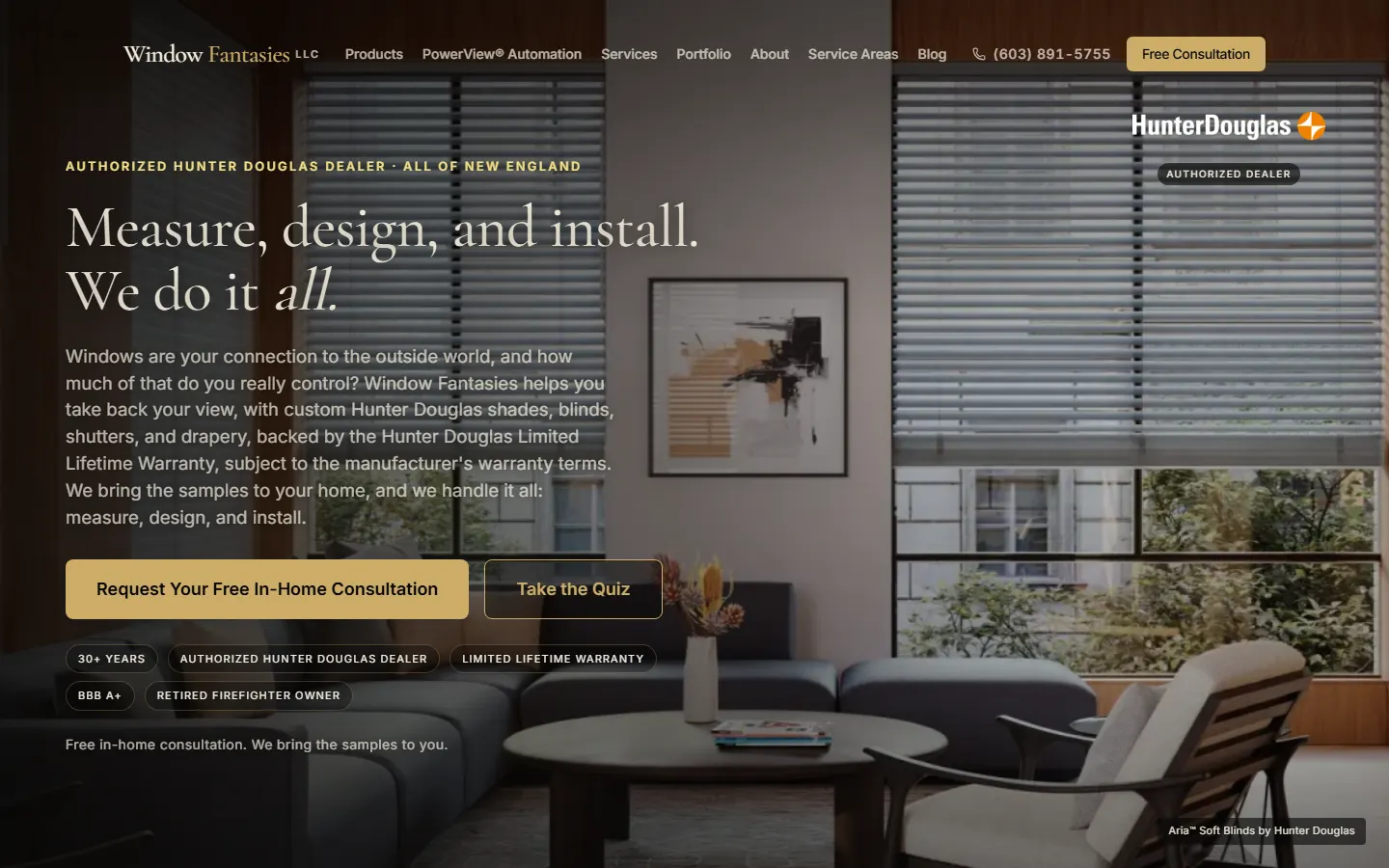 Website hero reading Measure, design, and install. We do it all. over a living room with shades on tall windows