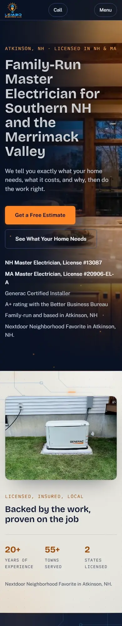 After: Lembo Electric LLC's new website, the top of its home page on a phone