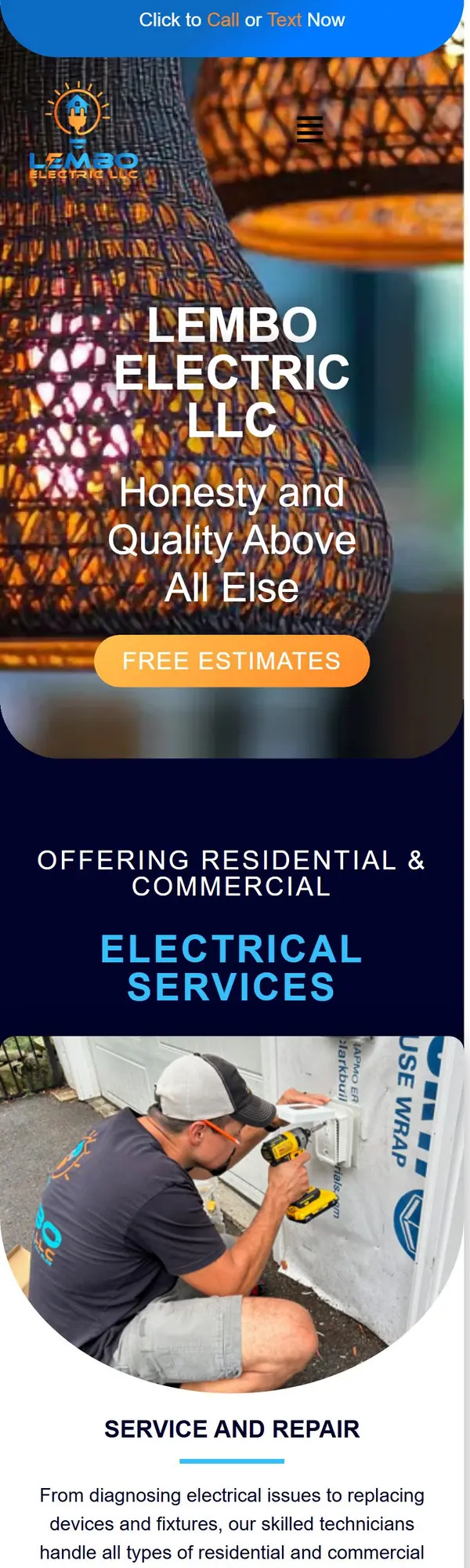 Before: Lembo Electric LLC's old website, the top of its home page on a phone